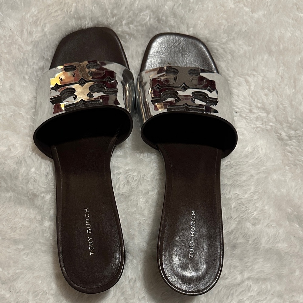 Tory Burch Metallic Silver Slide Sandals
